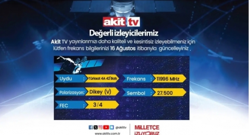 Akit TV’nin Türksat Frekans Bilgileri Değişiyor! Yeni frekans daha güçlü yayın
