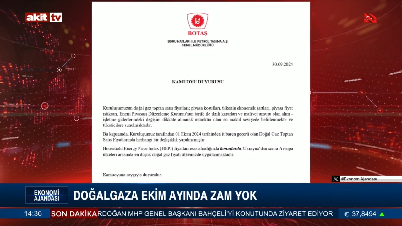 Doğalgaza Ekim Ayında zam yok 